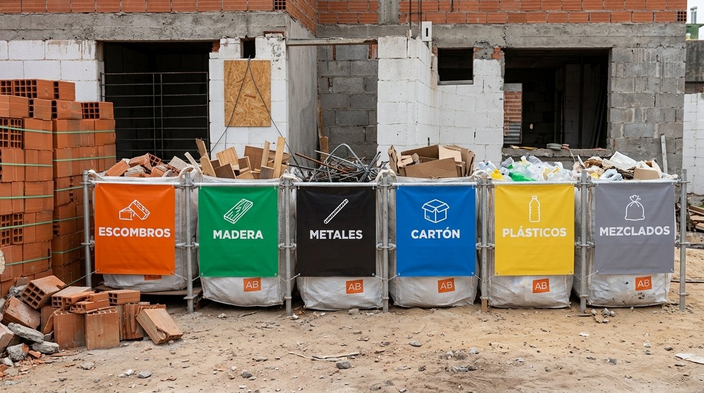 Estación AB de separación de residuos en obra: seis bolsones con carteles de escombros, madera, metales, cartón, plásticos y mezclados